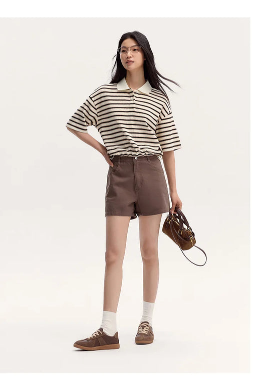 2025 Summer Women's Polo Shirt – Short-Length, Loose-Fit, Vintage Collegiate Striped Top, Casual Fashion Tee