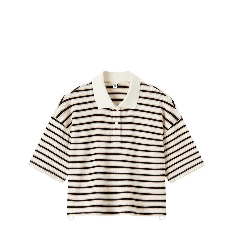 2025 Summer Women's Polo Shirt – Short-Length, Loose-Fit, Vintage Collegiate Striped Top, Casual Fashion Tee