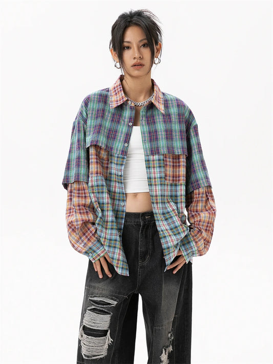 Lightweight Korean-style plaid blouse for women, breathable cotton broadcloth, casual long design perfect for layering.