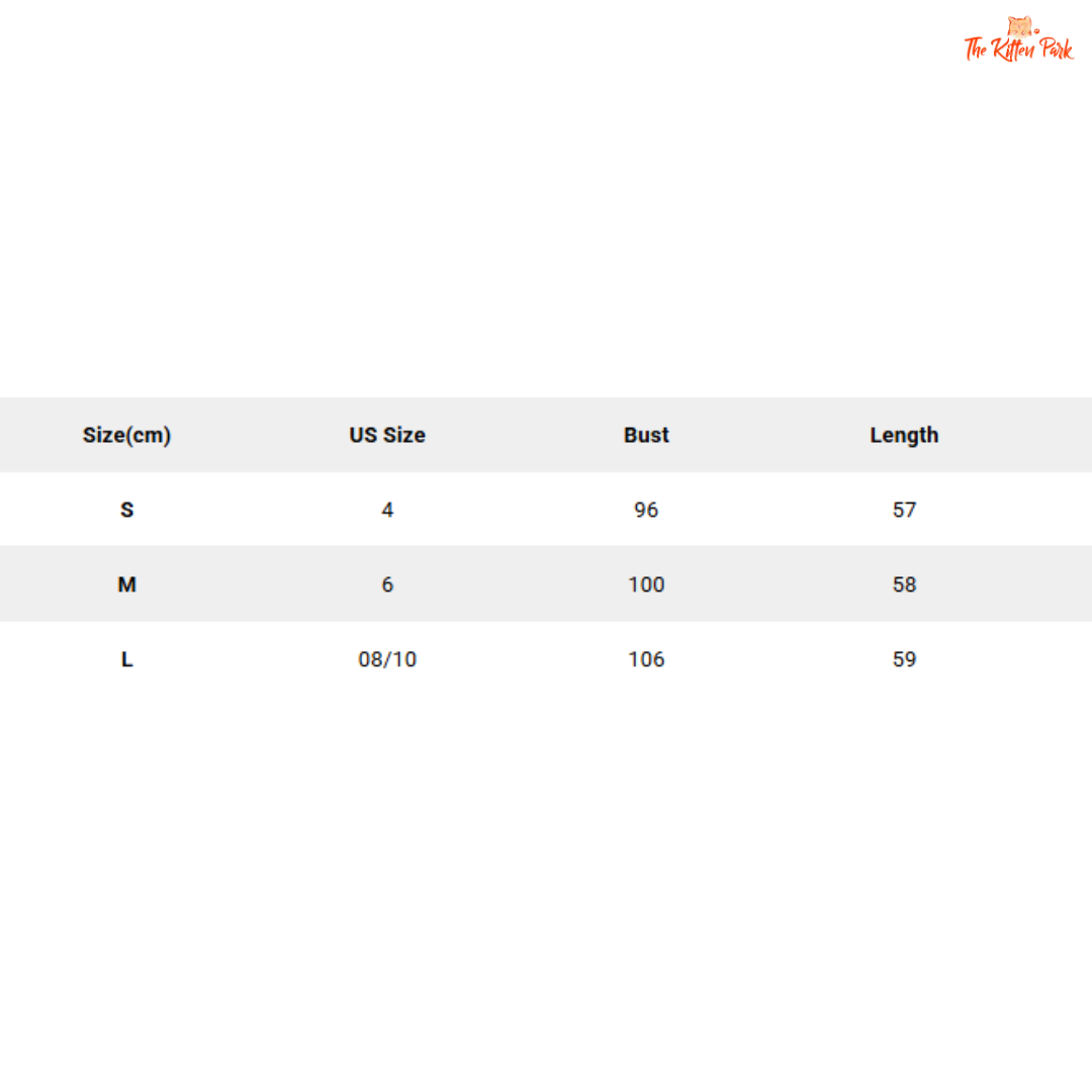 Size chart for clothing with measurements in centimeters and US sizes.