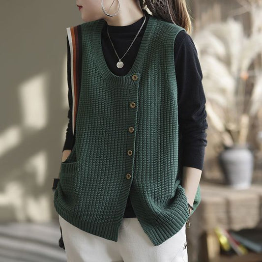 New Winter Fashion One Pocket Side Vintage Cardigan Vest For Women