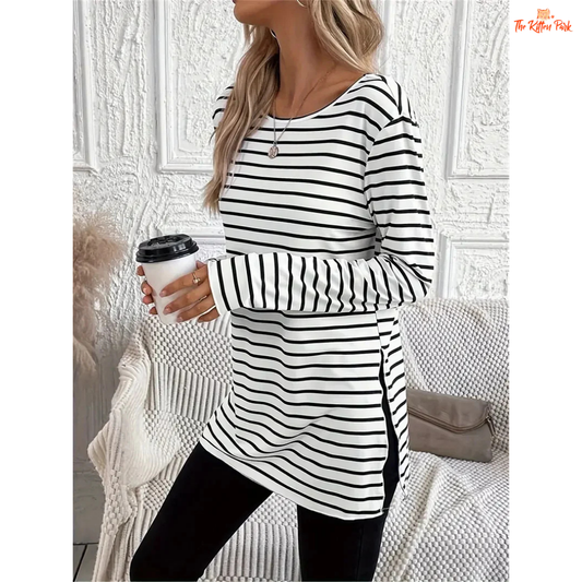 Striped Crew Neck T-Shirt – Casual Long Sleeve Women’s Top with lightweight knit fabric, striped design, long fit, ideal for spring and summer casual wear.