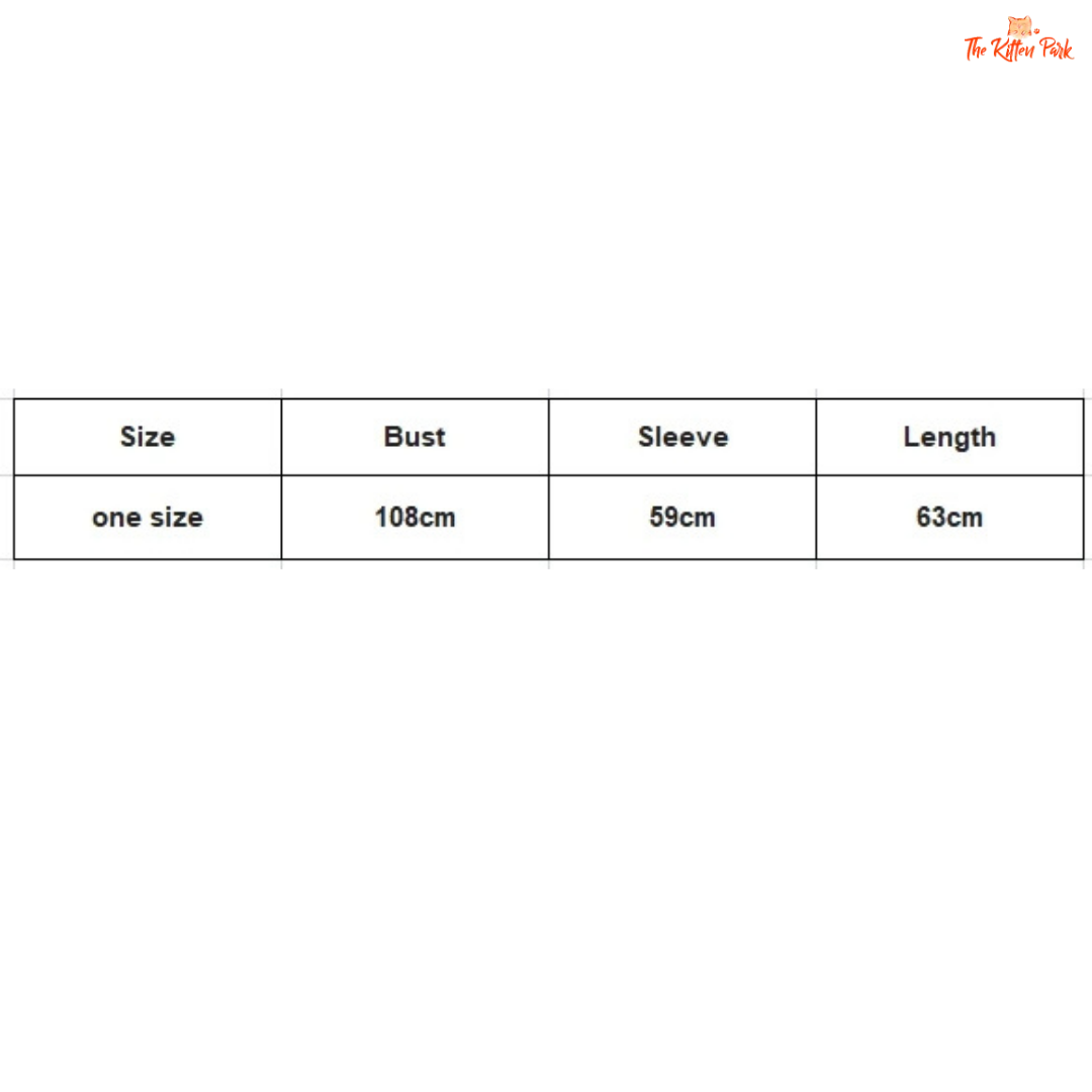 Measurement chart for clothing with size, bust, sleeve, and length dimensions.