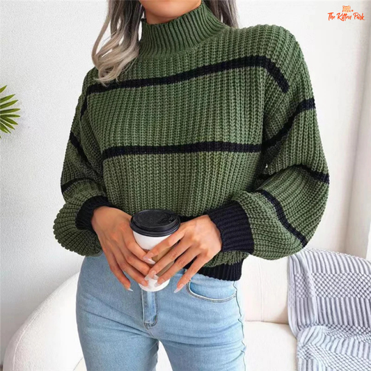 Striped lantern sleeve knit sweater with mock neck and relaxed fit, designed for autumn and winter streetwear style in off-white background.