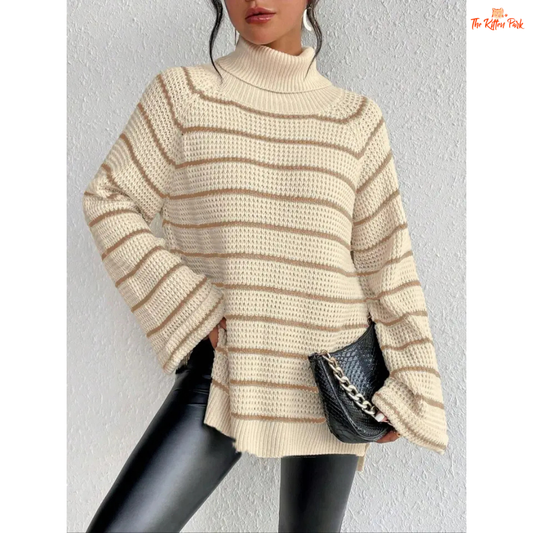 Striped Lapel Woolen Pullover – Casual Autumn Winter Top with striped acrylic fabric, extra-heavyweight knit, turn-down collar, and loose fit for autumn/winter style.