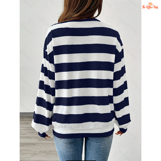 Striped Round Neck Long Sleeve T-Shirt for Women — polyester-spandex knit, regular fit, full sleeves, classic striped design ideal for autumn and winter.