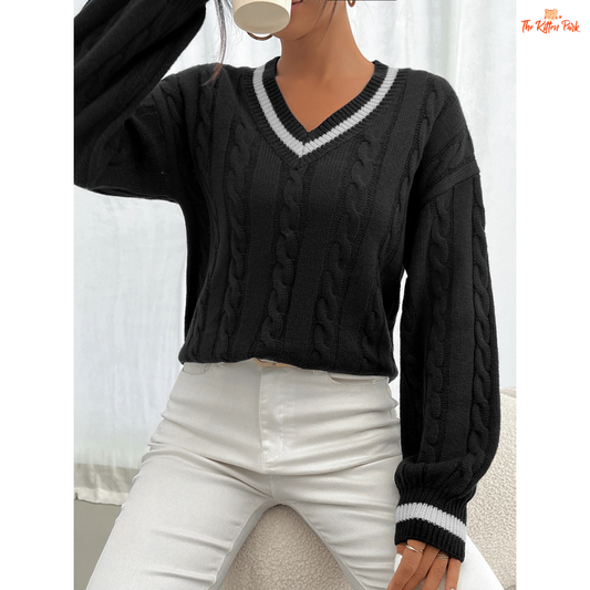 Striped Trim Twisted Flower Knit Shoulder Sweater Women with solid knit body, striped trims, V-neck, and casual full-length sleeves for autumn/winter wear.