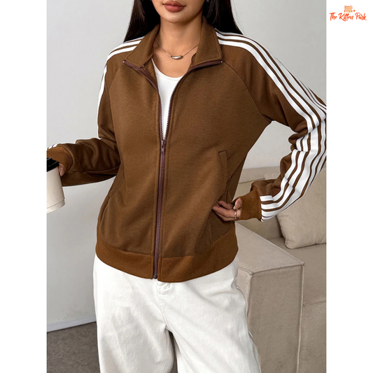 Striped Turn-Down Collar Zipper Coat for Women featuring a striped design, turn-down collar, zipper closure, and sporty streetwear look for autumn.