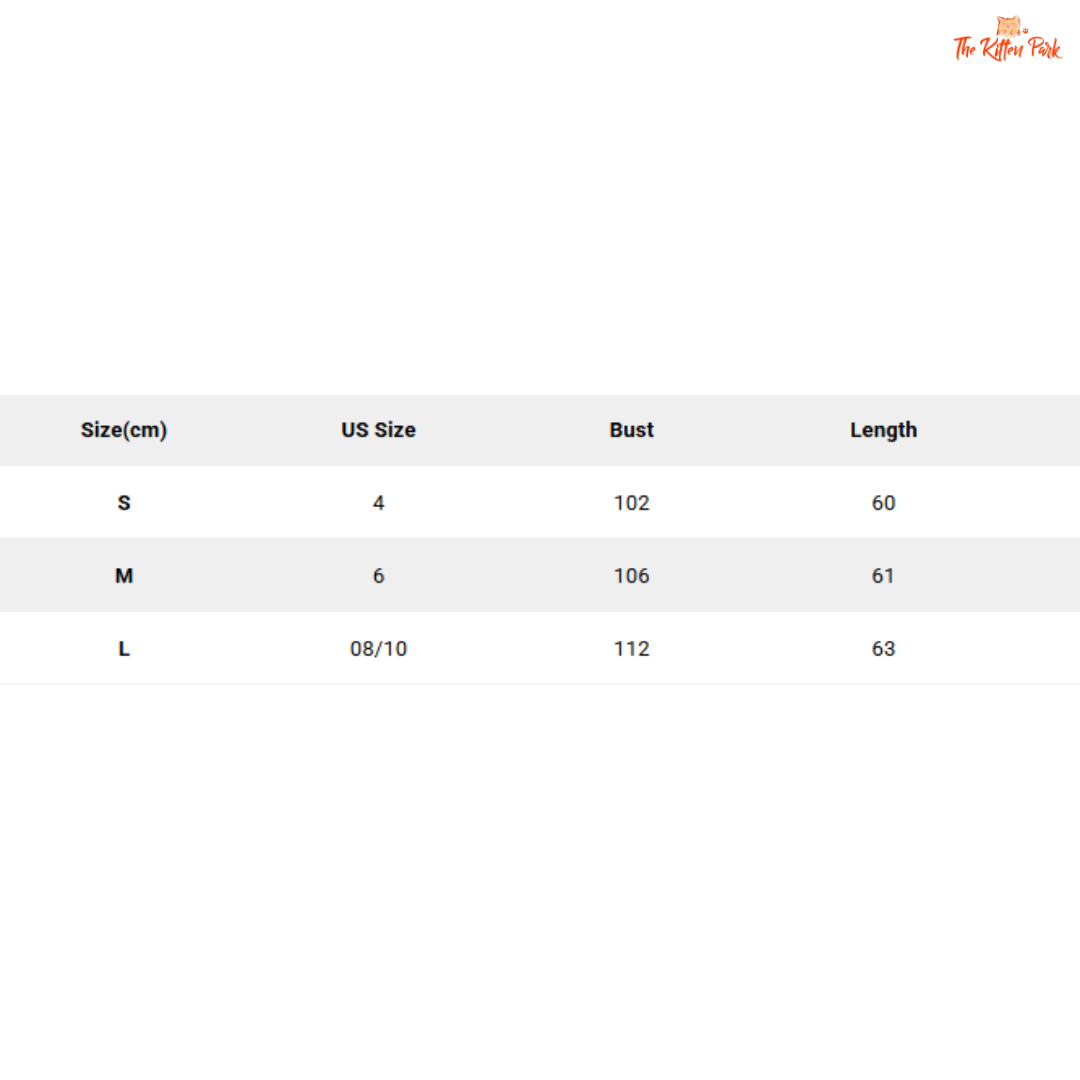 Size chart for clothing with measurements in centimeters, US sizes, bust, and length.