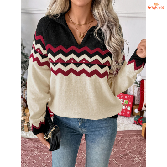 Striped V-Neck Christmas Sweater, women’s festive holiday knit with slim striped design, V-neck, full sleeves, and cozy autumn/winter fit.