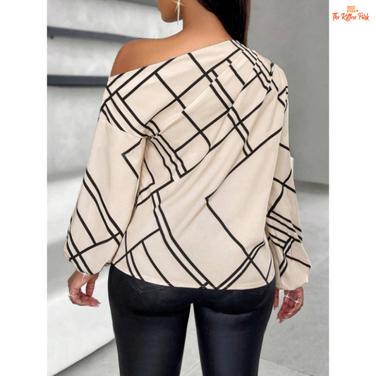 Women's striped chiffon blouse with asymmetric neckline and pleated details, designed for a casual yet elegant spring/summer office look.