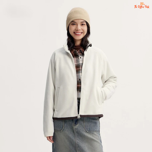 A women’s polar fleece winter coat with a stand collar, antistatic fabric, loose fit, zipper closure, and casual warm style.