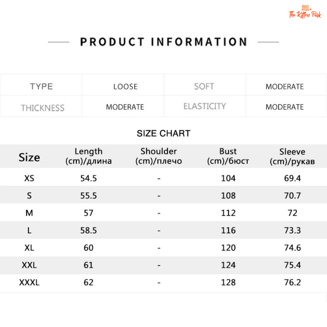 Size chart for clothing with measurements in centimeters