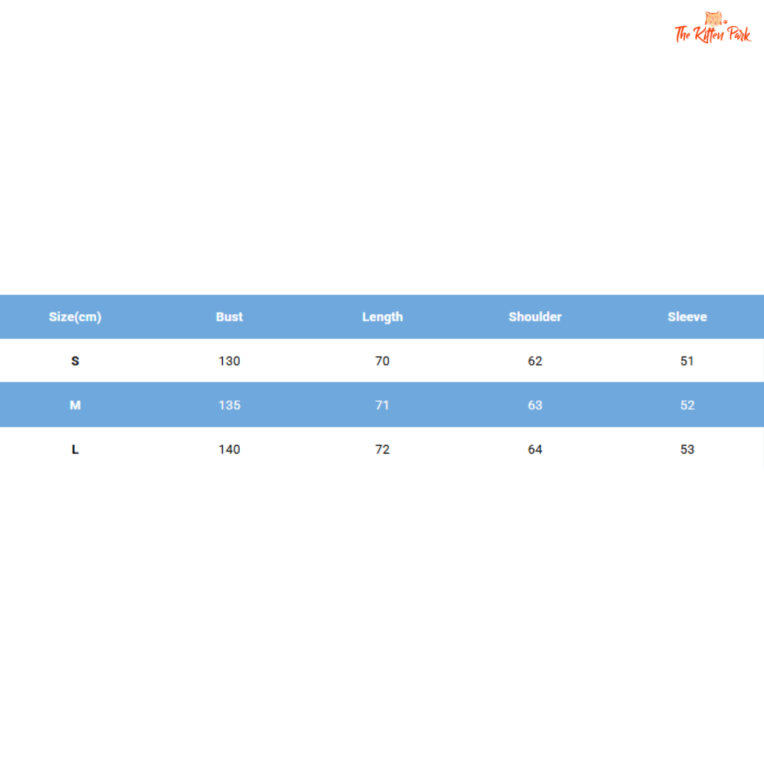 Measurement chart for clothing sizes S, M, and L with dimensions in centimeters.