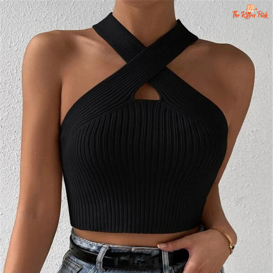 2025 knit cross neck crop top – backless ribbed tank with a slim fit and hollow-out design for sexy summer looks.