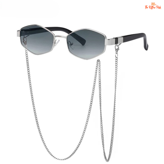 Small hexagon frame women's sunglasses with chain detail, punk style, mirror gradient UV400 lenses, ideal for stylish travel.
