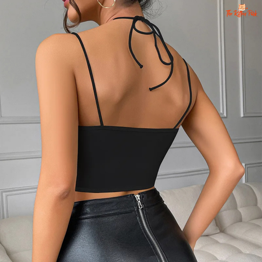 Sexy cross-strap corset crop top for women, backless with push-up design, made from polyester and spandex blend.