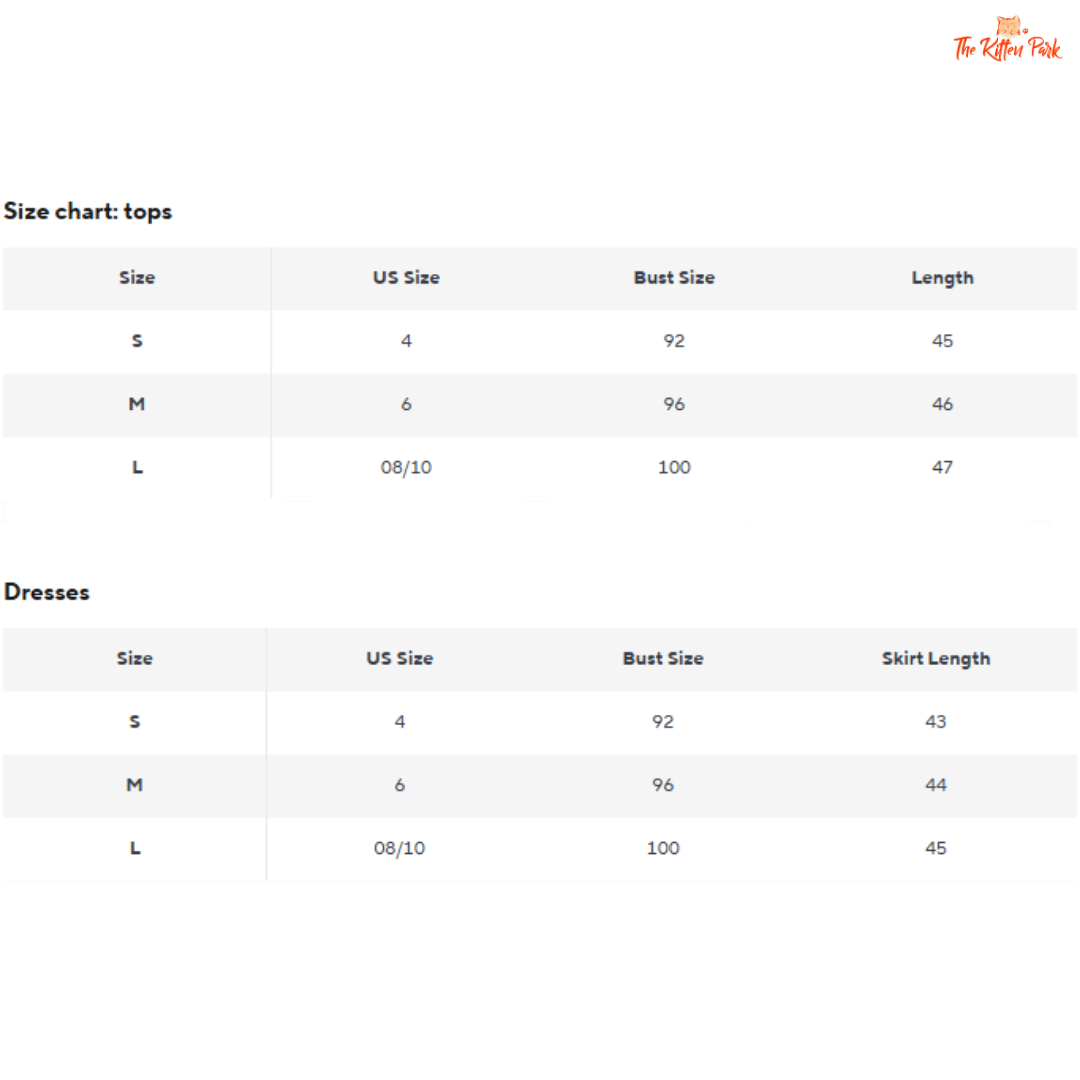Size chart for tops and dresses with measurements in US size, bust size, and length.