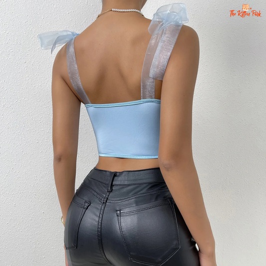 Floral lace mesh corset crop top for women, with bow ribbon details, sheer fishbone structure, and sweet feminine styling.