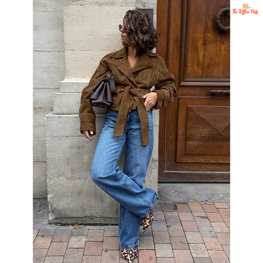 Women's retro light brown suede lace-up jacket with elegant lapel, long sleeves, and belted closure. Perfect for casual autumn/winter style.