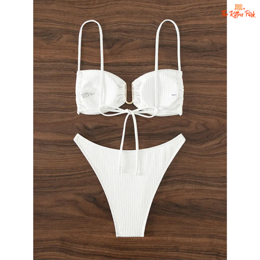 Solid Sexy Bikini Set for Women – Drawstring thong swimsuit with padded wire-free top and low waist fit for bold summer beachwear.