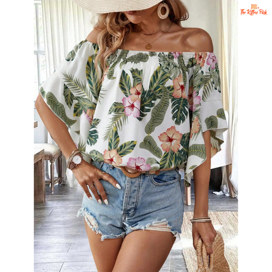 Floral chiffon blouse with ruffled flare sleeves, pullover closure, and loose lightweight fit ideal for summer casual wear.