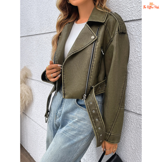 A women’s cropped faux leather motorcycle jacket with zip closure, drop-shoulder sleeves, and moto-inspired biker style.