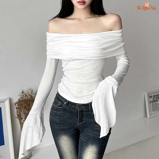 Y2K-inspired off-shoulder slash neck tee with long sleeves, combining vintage style and casual comfort for women.