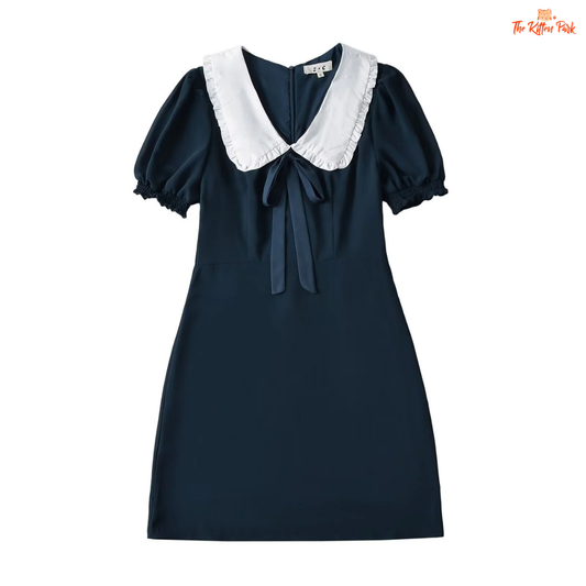 Dotted vintage mini dress with puff sleeves, Peter Pan collar, shirring, and bow detail — perfect for summer elegance with a French twist.