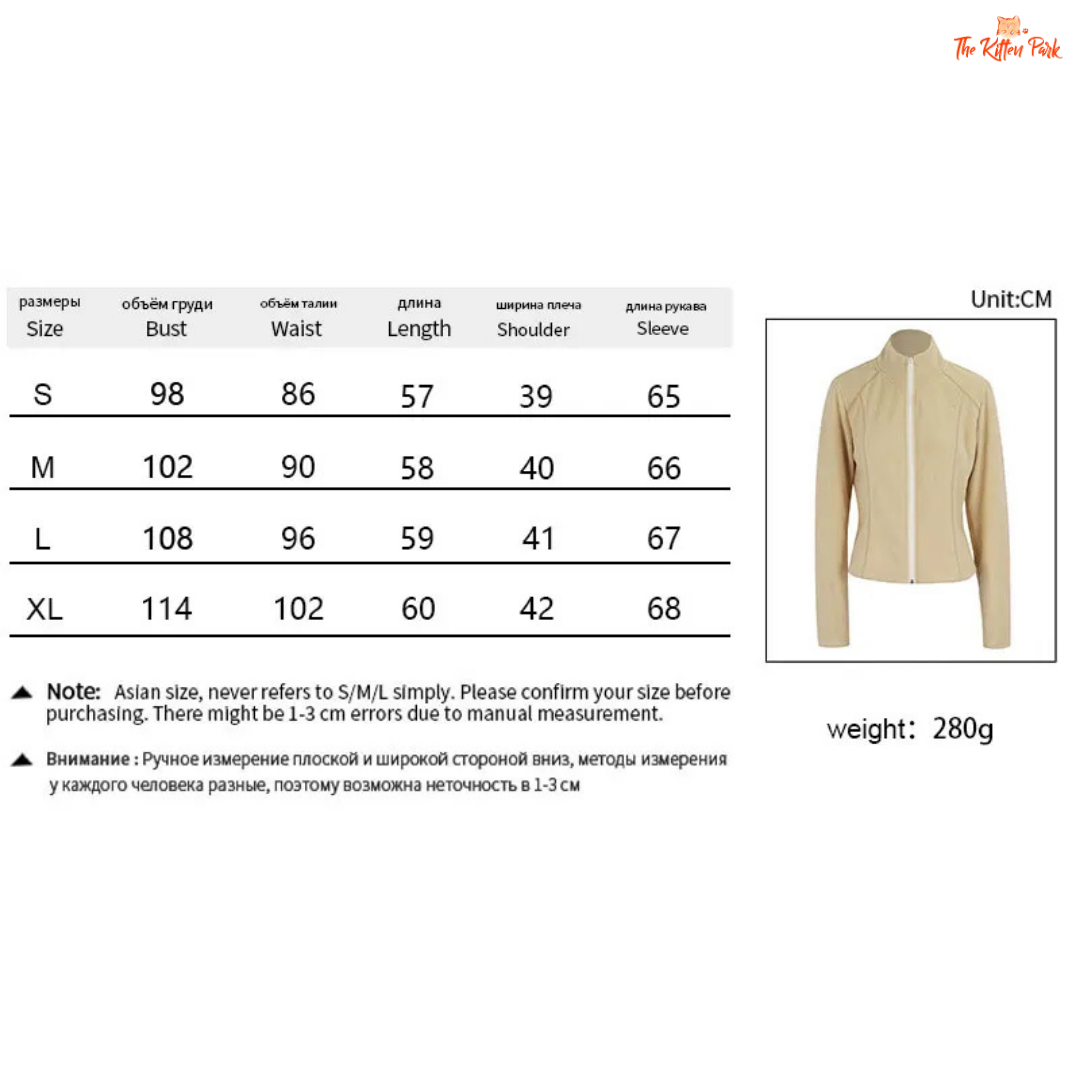 Measurement chart for a beige jacket with size specifications and weight information.