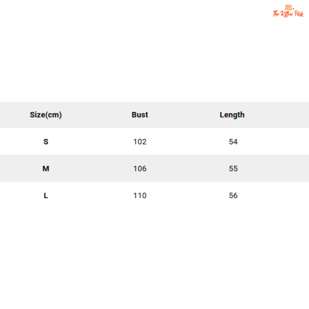 Size chart for clothing with bust and length measurements in centimeters