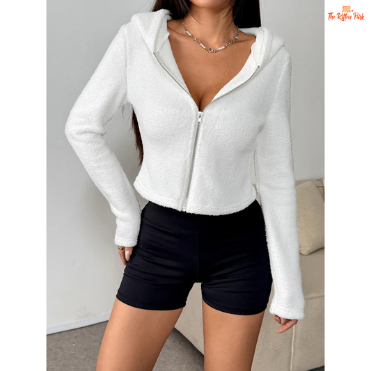 Winter Wool Zipper Hoodie for women featuring a thick wool-blend knit, V-neck zipper closure, and hooded streetwear design for autumn and winter.