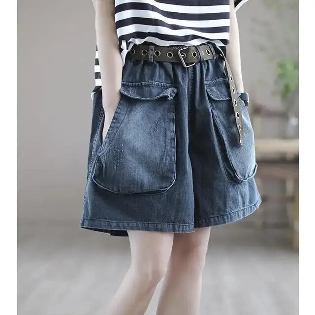 Elastic Waist Loose Denim Shorts