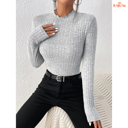 Women Slim Ruffle Neck Knit Top – Lace Collar Striped Sweater with ruffle neckline, lace collar, bright line detail, regular fit, full sleeves