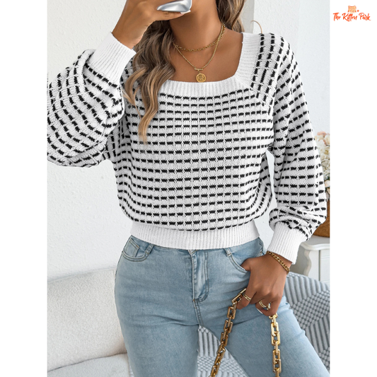 Women's Contrast Plaid Striped Sweater – Square Neck 2026 with lantern sleeves, heavyweight knit, and bold striped pattern for casual autumn-winter style.