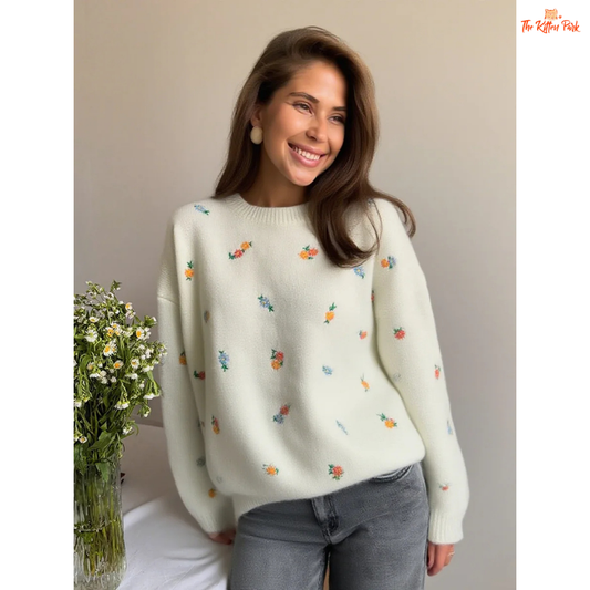 Women’s embroidered flower knit sweater with floral pattern, crew neck, long sleeves, loose fit, and heavyweight fabric for autumn and winter.