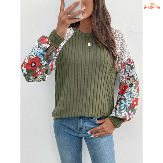 Women’s Floral Spliced Color Lightweight Knit Sweater featuring a delicate floral splice pattern and breathable summer knit design.