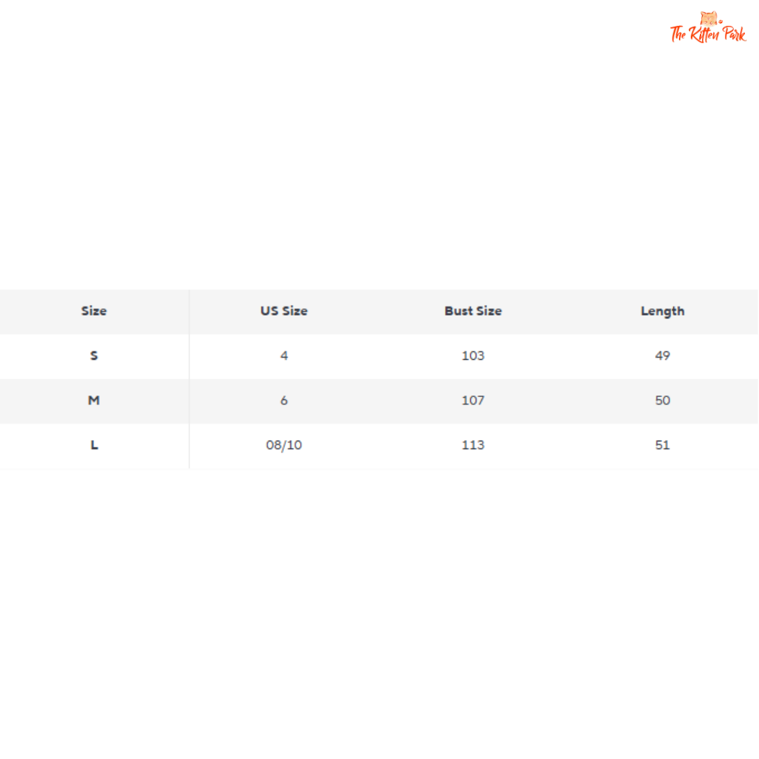 Size chart for clothing with US size, bust size, and length measurements.
