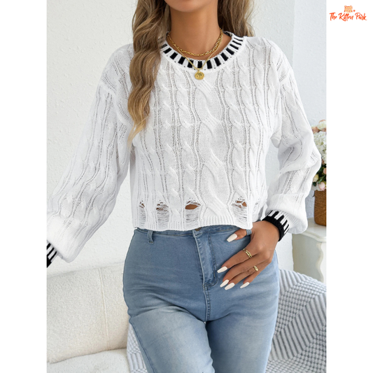 A women’s heavyweight acrylic striped knit sweater with hollow-out detailing, lantern sleeves, O-neck, and regular fit, designed for casual autumn and winter wear.