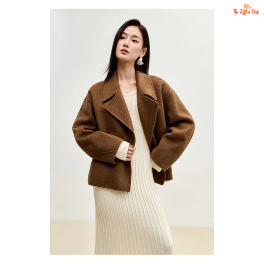 Women’s short wool coat in thick fabric with camel wool blend, double-breasted closure, drop-shoulder sleeves, and turn-down collar for winter wear.