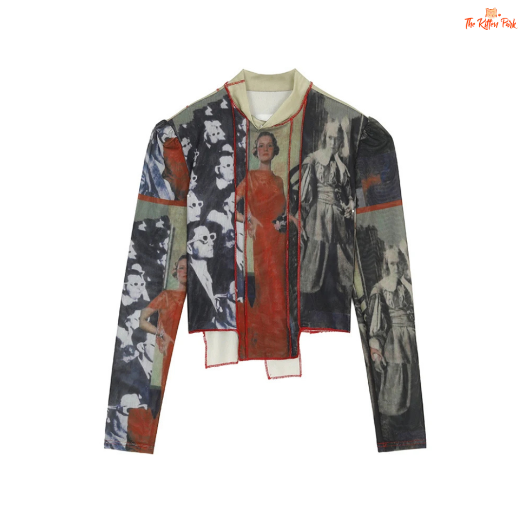 Beige asymmetrical mesh blouse for women with patchwork character print, puff sleeves, turtleneck collar, and slim vintage fit.