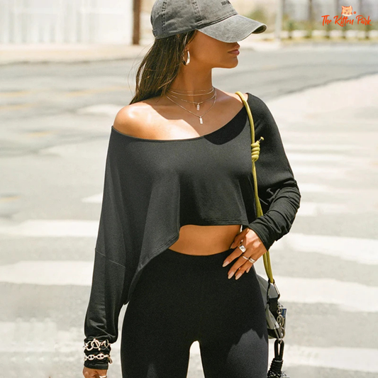 Casual off-shoulder knitted top – women’s solid skew collar long sleeve tee.