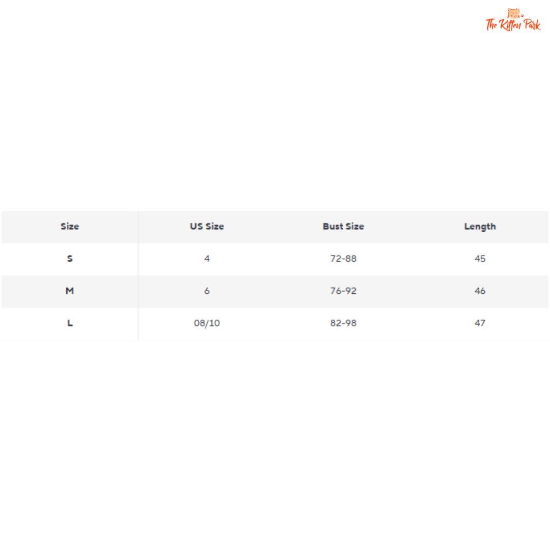 Size chart for clothing with US size, bust size, and length measurements.