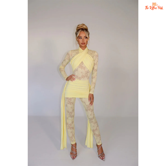 Elegant lace patchwork jumpsuit with long sleeves, ruched skinny fit, and ankle-length pencil pants in a sheer sexy design.