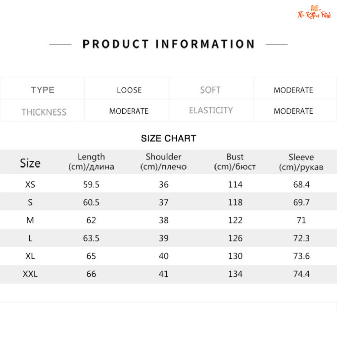 Size chart for clothing with dimensions in centimeters
