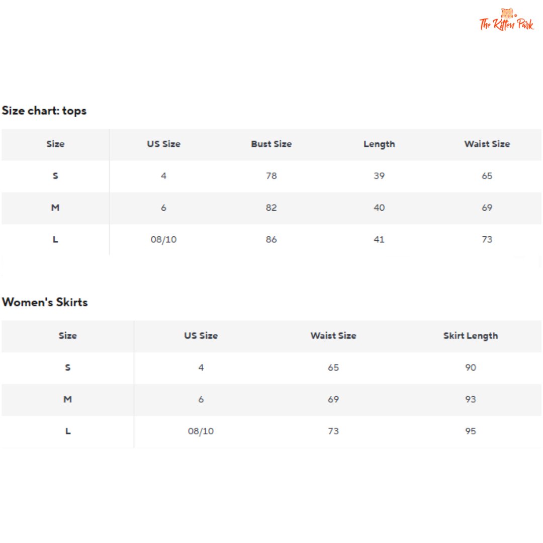 Size chart for women's tops and skirts with measurements in inches.