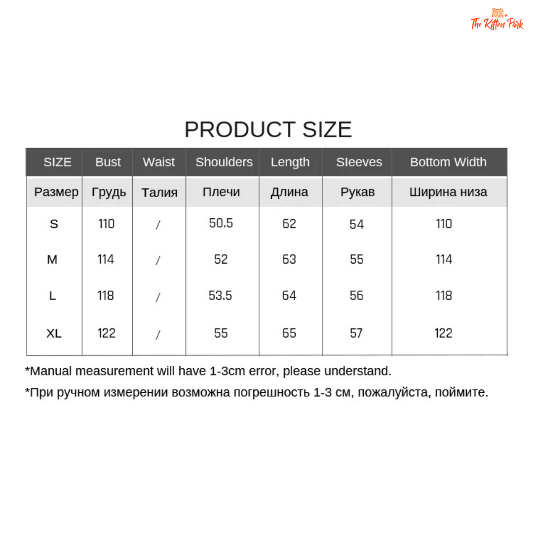 Product size chart with measurements in centimeters for different sizes.