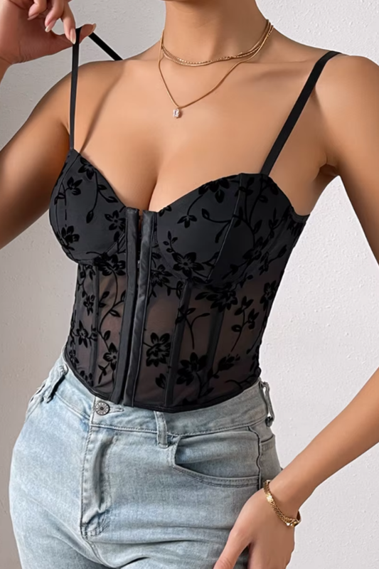 Black lace bustier corset top with floral detailing, push-up design, and sheer knit fabric styled for sexy and clubwear fashion