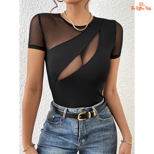 2025 Sexy Black Mesh T-Shirt – Women's slim fit short sleeve top with O-neck design, ideal for summer clubwear.