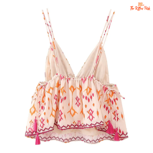 Beaded embroidery V-neck crop top – women’s sleeveless printed camisole with beading, Fall 2025 sexy autumn fashion.